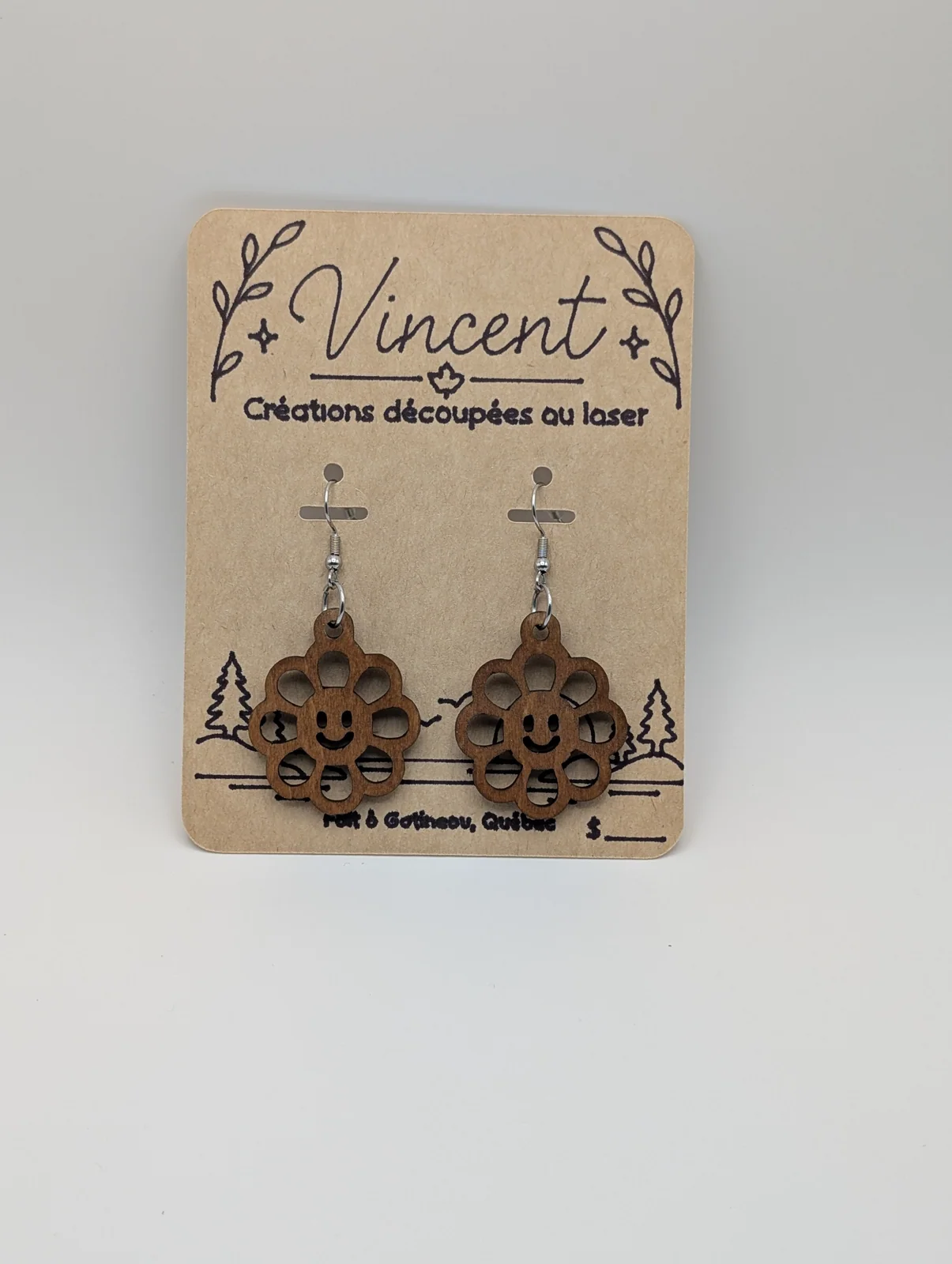 Boucles d’oreilles en bois : fleurs sourire