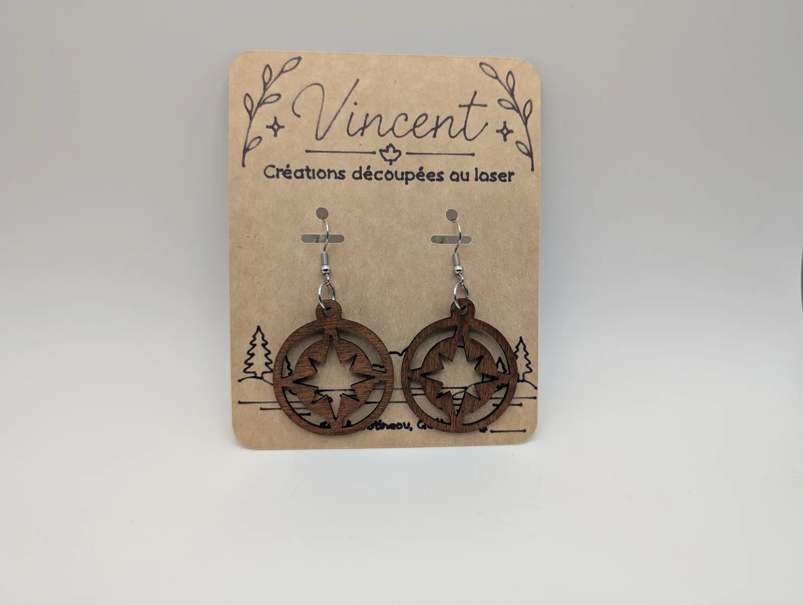 Boucles d’oreilles en bois : rose des vents